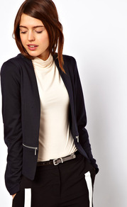 Blazer In Ponte With Zips - pattern: plain; style: single breasted blazer; hip detail: side pockets at hip, front pockets at hip; collar: standard lapel/rever collar; predominant colour: navy; occasions: casual, evening, work, occasion; length: standard; fit: tailored/fitted; fibres: polyester/polyamide - mix; waist detail: fitted waist; sleeve length: long sleeve; sleeve style: standard; collar break: low/open; pattern type: fabric; texture group: other - stretchy