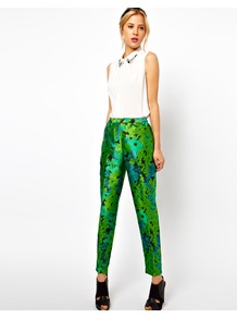 Trousers In Floral Jacquard - length: standard; waist: high rise; predominant colour: emerald green; secondary colour: lime; occasions: casual, evening, holiday; fibres: polyester/polyamide - 100%; texture group: structured shiny - satin/tafetta/silk etc.; trends: high impact florals; fit: straight leg; pattern type: fabric; pattern size: standard; pattern: florals; style: standard