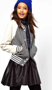 Varsity Sweat Jacket With Leather Sleeves - collar: round collar/collarless; fit: slim fit; shoulder detail: contrast pattern/fabric at shoulder; style: bomber; secondary colour: white; predominant colour: mid grey; occasions: casual; length: standard; fibres: cotton - mix; sleeve length: long sleeve; sleeve style: standard; collar break: high; pattern type: fabric; pattern size: standard; pattern: colourblock; texture group: other - light to midweight