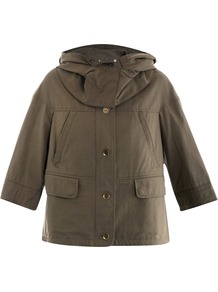 Selva Coat - pattern: plain; length: standard; back detail: hood; collar: high neck; predominant colour: khaki; occasions: casual; fit: straight cut (boxy); fibres: cotton - 100%; sleeve length: 3/4 length; sleeve style: standard; collar break: high; pattern type: fabric; texture group: other - light to midweight; style: single breasted military coat