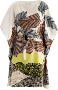 Diane Hanky Dress - style: kaftan; sleeve style: kimono; waist detail: belted waist/tie at waist/drawstring; predominant colour: ivory; secondary colour: chocolate brown; occasions: casual, evening, holiday; length: just above the knee; fit: body skimming; fibres: silk - 100%; neckline: crew; sleeve length: half sleeve; texture group: silky - light; trends: statement prints; pattern type: fabric; pattern size: big & busy; pattern: patterned/print