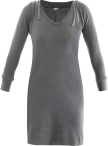 French Raglan Hooded Dress - style: jumper dress; length: mid thigh; neckline: low v-neck; pattern: plain; back detail: hood; predominant colour: charcoal; occasions: casual; fit: body skimming; fibres: cotton - 100%; sleeve length: long sleeve; sleeve style: standard; trends: sporty redux; pattern type: fabric; texture group: jersey - stretchy/drapey