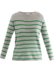 Stripe Cashmere Sweater - pattern: horizontal stripes; style: standard; predominant colour: emerald green; secondary colour: light grey; occasions: casual, work; length: standard; fit: standard fit; neckline: crew; fibres: cashmere - 100%; sleeve length: long sleeve; sleeve style: standard; texture group: knits/crochet; pattern type: knitted - fine stitch; pattern size: standard