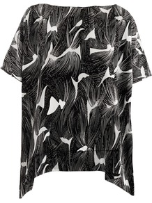 New Hanky Top - neckline: slash/boat neckline; length: below the bottom; secondary colour: white; predominant colour: black; occasions: casual, evening, holiday; style: top; fibres: silk - 100%; fit: loose; hip detail: dip hem; sleeve length: short sleeve; sleeve style: standard; texture group: silky - light; trends: modern geometrics; pattern type: fabric; pattern size: big & busy; pattern: patterned/print