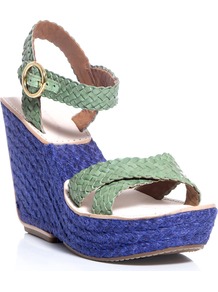 Origenes Sandals - secondary colour: royal blue; predominant colour: pistachio; occasions: casual, evening, holiday; material: leather; ankle detail: ankle strap; heel: wedge; toe: open toe/peeptoe; style: strappy; finish: plain; pattern: colourblock; heel height: very high