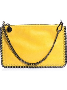 Falabella Pouch Bag - predominant colour: yellow; occasions: casual, evening, work, occasion, holiday; type of pattern: standard; style: shoulder; length: hand carry; size: small; material: faux leather; embellishment: zips; pattern: plain; trends: fluorescent; finish: plain