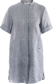 Meandro Top - style: shirt; hip detail: front pockets at hip; pattern: pinstripe; secondary colour: white; predominant colour: navy; occasions: casual, holiday; neckline: collarstand; fibres: polyester/polyamide - 100%; fit: loose; length: mid thigh; sleeve length: short sleeve; sleeve style: standard; texture group: cotton feel fabrics; pattern type: fabric; pattern size: standard