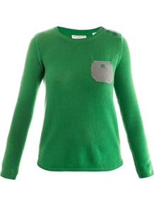 Contrast Pocket Cashmere Sweater - neckline: round neck; style: standard; predominant colour: emerald green; secondary colour: light grey; occasions: casual; length: standard; fit: standard fit; bust detail: contrast pattern/fabric/detail at bust; fibres: cashmere - 100%; sleeve length: long sleeve; sleeve style: standard; texture group: knits/crochet; pattern type: knitted - fine stitch; pattern size: light/subtle; pattern: colourblock
