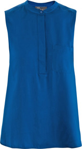 Silk Sleeveless Top - pattern: plain; sleeve style: sleeveless; neckline: high neck; style: blouse; bust detail: buttons at bust (in middle at breastbone)/zip detail at bust; predominant colour: royal blue; occasions: casual, evening, work; length: standard; fibres: silk - 100%; fit: straight cut; sleeve length: sleeveless; texture group: crepes; pattern type: fabric