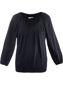 Cahil Blouse - neckline: v-neck; pattern: plain; sleeve style: balloon; style: blouse; predominant colour: navy; occasions: casual, evening, work; length: standard; fibres: silk - mix; fit: body skimming; shoulder detail: flat/draping pleats/ruching/gathering at shoulder; sleeve length: 3/4 length; texture group: crepes; bust detail: tiers/frills/bulky drapes/pleats; pattern type: fabric
