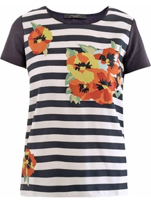 Fama Top - neckline: round neck; predominant colour: navy; secondary colour: bright orange; occasions: casual, holiday; length: standard; style: top; fibres: cotton - mix; fit: straight cut; sleeve length: short sleeve; sleeve style: standard; pattern type: fabric; pattern size: standard; pattern: florals; texture group: jersey - stretchy/drapey