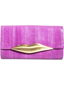 Carolina Lips Clutch - predominant colour: magenta; secondary colour: gold; occasions: evening, occasion, holiday; type of pattern: light; style: clutch; length: hand carry; size: small; material: leather; pattern: plain; finish: plain; embellishment: chain/metal
