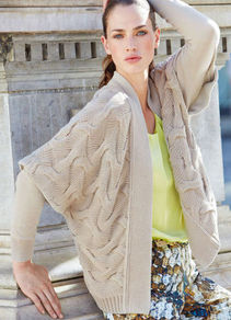 Cardigan - sleeve style: dolman/batwing; neckline: collarless open; pattern: cable knit; style: open front; predominant colour: stone; occasions: casual, work; length: standard; fibres: cotton - 100%; fit: loose; back detail: longer hem at back than at front; sleeve length: long sleeve; texture group: knits/crochet; trends: volume; pattern type: knitted - other; pattern size: standard