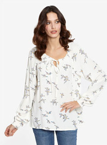 Joely Womens Woven Top Mallard - neckline: round neck; length: below the bottom; style: blouse; bust detail: ruching/gathering/draping/layers/pintuck pleats at bust; predominant colour: ivory; occasions: casual, work, holiday; fibres: viscose/rayon - 100%; fit: loose; sleeve length: long sleeve; sleeve style: standard; texture group: sheer fabrics/chiffon/organza etc.; pattern type: fabric; pattern size: standard; pattern: patterned/print