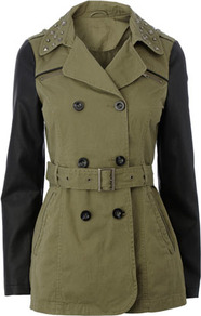 Khaki Contrast Sleeve Mac - length: below the bottom; style: mac; collar: standard lapel/rever collar; shoulder detail: contrast pattern/fabric at shoulder; predominant colour: khaki; secondary colour: black; occasions: casual; fit: tailored/fitted; fibres: polyester/polyamide - 100%; waist detail: belted waist/tie at waist/drawstring; sleeve length: long sleeve; sleeve style: standard; collar break: medium; pattern type: fabric; pattern size: standard; pattern: colourblock; texture group: other - light to midweight; embellishment: studs