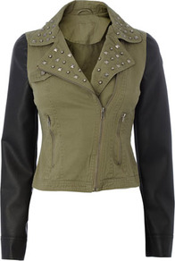 Khaki Contrast Sleeve Biker - pattern: plain; style: biker; bust detail: added detail/embellishment at bust; collar: asymmetric biker; length: cropped; fit: slim fit; shoulder detail: contrast pattern/fabric at shoulder; predominant colour: khaki; secondary colour: black; occasions: casual; fibres: cotton - 100%; sleeve length: long sleeve; sleeve style: standard; texture group: cotton feel fabrics; collar break: medium; pattern type: fabric