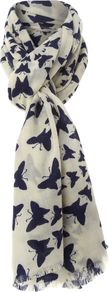 Spiral Butterfly Scarf, Navy - predominant colour: ivory; secondary colour: navy; occasions: casual, work, holiday; type of pattern: large; style: regular; size: standard; material: fabric; pattern: patterned/print