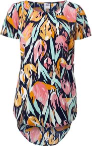 Printed Bright Short Sleeve Top, Dark Navy - neckline: round neck; length: below the bottom; style: t-shirt; secondary colour: navy; occasions: casual, holiday; fibres: cotton - 100%; fit: loose; predominant colour: multicoloured; sleeve length: short sleeve; sleeve style: standard; texture group: cotton feel fabrics; pattern type: fabric; pattern size: big & busy; pattern: florals