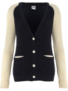Women's Contrast Sleeve Cardigan, Dark Navy - neckline: plunge; sleeve style: raglan; length: below the bottom; shoulder detail: contrast pattern/fabric at shoulder; secondary colour: ivory; predominant colour: navy; occasions: casual; style: standard; fibres: acrylic - 100%; fit: standard fit; sleeve length: long sleeve; texture group: knits/crochet; pattern type: knitted - fine stitch; pattern size: standard; pattern: colourblock