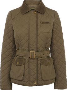 Women's Lightweight Quilted Jacket, Khaki - pattern: plain; style: belted jacket; fit: slim fit; predominant colour: khaki; occasions: casual; length: standard; fibres: cotton - mix; collar: shirt collar/peter pan/zip with opening; waist detail: belted waist/tie at waist/drawstring; sleeve length: long sleeve; sleeve style: standard; collar break: high/illusion of break when open; pattern type: fabric; texture group: other - bulky/heavy