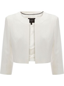 Lucilla Cover Up, Ivory - neckline: round neck; pattern: plain; style: bolero/shrug; length: cropped; predominant colour: ivory; occasions: evening, work, occasion, holiday; fibres: viscose/rayon - stretch; fit: standard fit; sleeve length: 3/4 length; sleeve style: standard; pattern type: fabric; texture group: other - light to midweight