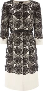 Nyx Cutwork Coat, Monochrome - collar: round collar/collarless; style: single breasted; length: on the knee; secondary colour: ivory; predominant colour: black; occasions: evening, occasion; fit: tailored/fitted; fibres: polyester/polyamide - stretch; waist detail: fitted waist; sleeve length: 3/4 length; sleeve style: standard; trends: high impact florals; collar break: high; pattern type: fabric; pattern size: big & busy; pattern: patterned/print; texture group: woven light midweight; embellishment: applique