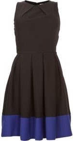 Blue And Black Colour Block Pleated Skater Dress - sleeve style: sleeveless; waist detail: twist front waist detail/nipped in at waist on one side/soft pleats/draping/ruching/gathering waist detail; secondary colour: royal blue; predominant colour: black; occasions: evening, occasion; length: just above the knee; fit: fitted at waist & bust; style: fit & flare; fibres: polyester/polyamide - 100%; neckline: crew; hip detail: sculpting darts/pleats/seams at hip; sleeve length: sleeveless; trends: volume; pattern type: fabric; pattern size: standard; pattern: colourblock