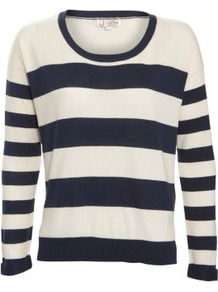 Navy And White Stripe Boxy Knitted Jumper - neckline: round neck; pattern: horizontal stripes; style: standard; secondary colour: white; predominant colour: navy; occasions: casual, work; length: standard; fibres: acrylic - 100%; fit: standard fit; sleeve length: long sleeve; sleeve style: standard; texture group: knits/crochet; pattern type: knitted - fine stitch; pattern size: standard