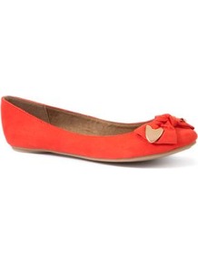 Coral Metal Trim Bow Pumps - predominant colour: bright orange; occasions: casual, holiday; material: fabric; heel height: flat; toe: round toe; style: ballerinas / pumps; trends: fluorescent; finish: plain; pattern: plain; embellishment: bow