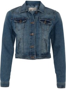 Mid Blue Washed Effect Denim Jacket - pattern: plain; length: cropped; style: denim; fit: slim fit; predominant colour: denim; occasions: casual; fibres: cotton - mix; collar: shirt collar/peter pan/zip with opening; sleeve length: long sleeve; sleeve style: standard; texture group: denim; collar break: high; pattern type: fabric
