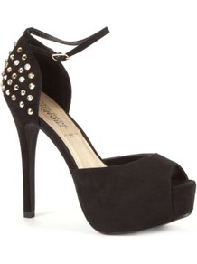 Black Stud Back Ankle Strap Platform Heels - predominant colour: black; occasions: evening, occasion; material: fabric; embellishment: studs; ankle detail: ankle strap; heel: platform; toe: open toe/peeptoe; style: standard; finish: plain; pattern: plain; heel height: very high