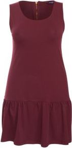 Inspire Burgundy Zip Back Drop Waist Sleeveless Dress - length: mid thigh; pattern: plain; sleeve style: sleeveless; style: drop waist; waist detail: drop waist; predominant colour: burgundy; occasions: casual, holiday; fit: body skimming; neckline: scoop; fibres: cotton - stretch; hip detail: ruching/gathering at hip; sleeve length: sleeveless; pattern type: fabric; texture group: jersey - stretchy/drapey