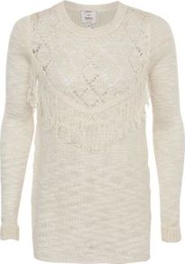 Cream Tassel Yoke Pointelle Knitted Jumper - pattern: plain; length: below the bottom; style: standard; predominant colour: ivory; occasions: casual; fibres: acrylic - 100%; fit: standard fit; neckline: crew; sleeve length: long sleeve; sleeve style: standard; texture group: knits/crochet; pattern type: knitted - other