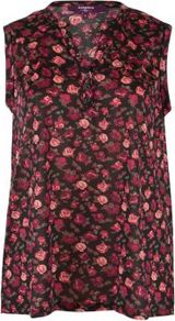 Inspire Pink Rose Print Notch Neck Top - sleeve style: sleeveless; length: below the bottom; bust detail: buttons at bust (in middle at breastbone)/zip detail at bust; secondary colour: black; occasions: casual, holiday; style: top; neckline: mandarin with v-neck; fibres: polyester/polyamide - 100%; fit: loose; back detail: longer hem at back than at front; sleeve length: sleeveless; pattern type: fabric; pattern size: standard; pattern: florals; texture group: other - light to midweight; predominant colour: dusky pink