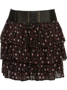 Black And Pink Ditsy Floral Lace Up Tiered Skirt - length: mini; fit: loose/voluminous; style: tiered; waist detail: wide waistband/cummerbund; waist: mid/regular rise; secondary colour: ivory; predominant colour: black; occasions: casual, evening, occasion, holiday; fibres: polyester/polyamide - 100%; texture group: sheer fabrics/chiffon/organza etc.; trends: sculptural frills; hip detail: ruffles/tiers/tie detail at hip; pattern type: fabric; pattern size: standard; pattern: florals; embellishment: studs