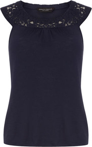Navy Gypsy Bubble Vest - neckline: round neck; pattern: plain; sleeve style: sleeveless; style: vest top; shoulder detail: contrast pattern/fabric at shoulder; predominant colour: navy; occasions: casual, holiday; length: standard; fibres: viscose/rayon - 100%; fit: body skimming; bust detail: contrast pattern/fabric/detail at bust; sleeve length: sleeveless; pattern type: fabric; texture group: jersey - stretchy/drapey; embellishment: embroidered