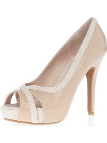 Nude Platform Peep Courts - secondary colour: ivory; predominant colour: nude; occasions: evening, work, occasion; material: faux leather; heel height: high; heel: platform; toe: open toe/peeptoe; style: courts; finish: patent; pattern: animal print