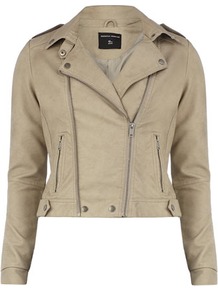 Stone Double Zip Biker - pattern: plain; style: biker; shoulder detail: obvious epaulette; collar: asymmetric biker; fit: slim fit; predominant colour: stone; occasions: casual; length: standard; fibres: viscose/rayon - 100%; sleeve length: long sleeve; sleeve style: standard; texture group: leather; collar break: high/illusion of break when open; pattern type: fabric