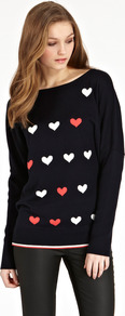 Heart Intarsia Sweater - neckline: slash/boat neckline; style: standard; secondary colour: true red; predominant colour: black; occasions: casual; length: standard; fibres: acrylic - mix; fit: standard fit; sleeve length: long sleeve; sleeve style: standard; texture group: knits/crochet; pattern type: knitted - fine stitch; pattern size: light/subtle; pattern: patterned/print