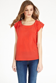 Button Shoulder T Shirt - neckline: round neck; sleeve style: capped; pattern: plain; style: t-shirt; predominant colour: bright orange; occasions: casual, holiday; length: standard; fibres: polyester/polyamide - 100%; fit: loose; shoulder detail: added shoulder detail; sleeve length: short sleeve; texture group: sheer fabrics/chiffon/organza etc.; pattern type: fabric
