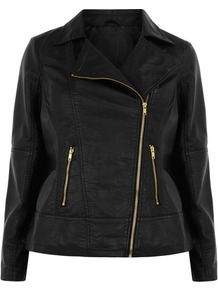 Black With Gold Zip Biker Jacket - pattern: plain; style: biker; collar: asymmetric biker; fit: slim fit; predominant colour: black; occasions: casual, evening; length: standard; fibres: viscose/rayon - 100%; sleeve length: long sleeve; sleeve style: standard; texture group: leather; collar break: high/illusion of break when open; pattern type: fabric