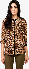 Flounced Leopard Print Top - neckline: high neck; style: blouse; bust detail: buttons at bust (in middle at breastbone)/zip detail at bust; predominant colour: tan; secondary colour: black; occasions: casual, evening; length: standard; fibres: polyester/polyamide - 100%; fit: straight cut; shoulder detail: discreet epaulette; sleeve length: long sleeve; sleeve style: standard; texture group: sheer fabrics/chiffon/organza etc.; pattern type: fabric; pattern size: standard; pattern: animal print