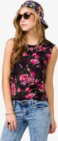 Distressed Rose Muscle Tee - neckline: round neck; sleeve style: sleeveless; secondary colour: pink; predominant colour: black; occasions: casual, holiday; length: standard; style: top; fibres: cotton - 100%; fit: tight; sleeve length: sleeveless; trends: high impact florals; pattern type: fabric; pattern size: big & busy; pattern: florals; texture group: jersey - stretchy/drapey