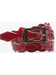 Woven Patent Waist Belt - predominant colour: burgundy; occasions: casual, evening, work; type of pattern: standard; style: plaited/woven; size: standard; worn on: waist; material: leather; pattern: plain; finish: patent