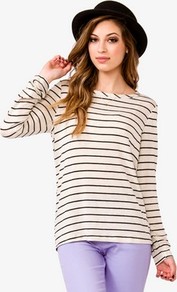 Striped Top - pattern: horizontal stripes; predominant colour: ivory; secondary colour: black; occasions: casual, holiday; length: standard; style: top; fibres: viscose/rayon - stretch; fit: loose; neckline: crew; sleeve length: long sleeve; sleeve style: standard; pattern type: fabric; pattern size: standard; texture group: jersey - stretchy/drapey