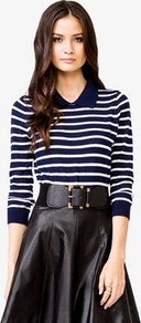 Pocketed Pullover Sweater - pattern: horizontal stripes; style: standard; secondary colour: white; predominant colour: navy; occasions: casual; length: standard; fibres: cotton - 100%; fit: standard fit; neckline: no opening/shirt collar/peter pan; sleeve length: 3/4 length; sleeve style: standard; texture group: knits/crochet; pattern type: knitted - other; pattern size: standard