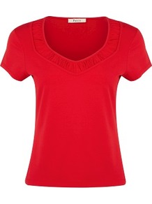 Poppy Red Ruched Jersey Top - neckline: low v-neck; sleeve style: capped; pattern: plain; bust detail: ruching/gathering/draping/layers/pintuck pleats at bust; predominant colour: true red; occasions: casual; length: standard; style: top; fibres: viscose/rayon - stretch; fit: straight cut; sleeve length: short sleeve; pattern type: fabric; texture group: jersey - stretchy/drapey