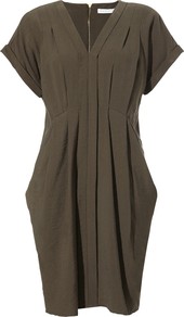 Jessica Tencel Dress - style: a-line; neckline: v-neck; sleeve style: dolman/batwing; fit: fitted at waist; pattern: plain; predominant colour: khaki; secondary colour: khaki; occasions: casual, evening, work; length: just above the knee; fibres: viscose/rayon - stretch; sleeve length: short sleeve; texture group: other - light to midweight