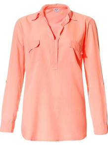 Neon Shirt - neckline: shirt collar/peter pan/zip with opening; pattern: plain; length: below the bottom; bust detail: pocket detail at bust; style: blouse; predominant colour: coral; occasions: casual, work, holiday; fit: straight cut; sleeve length: long sleeve; sleeve style: standard; texture group: crepes; pattern type: fabric; fibres: viscose/rayon - mix