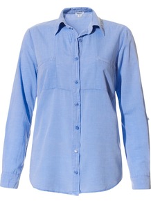 Sky Cotton Shirt - neckline: shirt collar/peter pan/zip with opening; pattern: plain; style: shirt; predominant colour: denim; occasions: casual, work; length: standard; fibres: cotton - mix; fit: body skimming; sleeve length: long sleeve; sleeve style: standard; texture group: cotton feel fabrics; pattern type: fabric